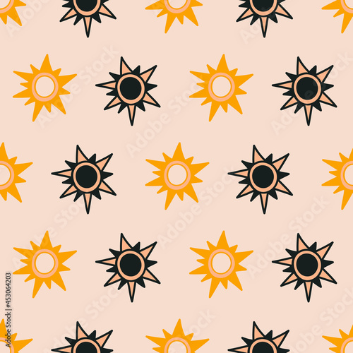 Fototapeta Naklejka Na Ścianę i Meble -  Vector Orange Black Ethnic Tribal Sun seamless pattern background perfect for fabric, scrapbooking, wallpaper, web and graphic projects.