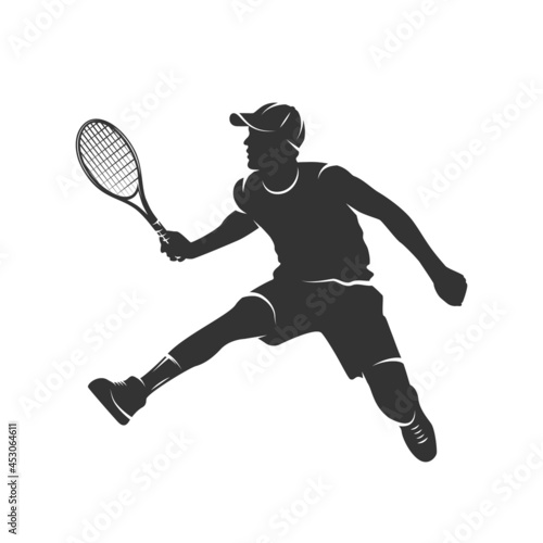 Silhouette of a man with a tennis racket isolated on a white background. Vector illustration