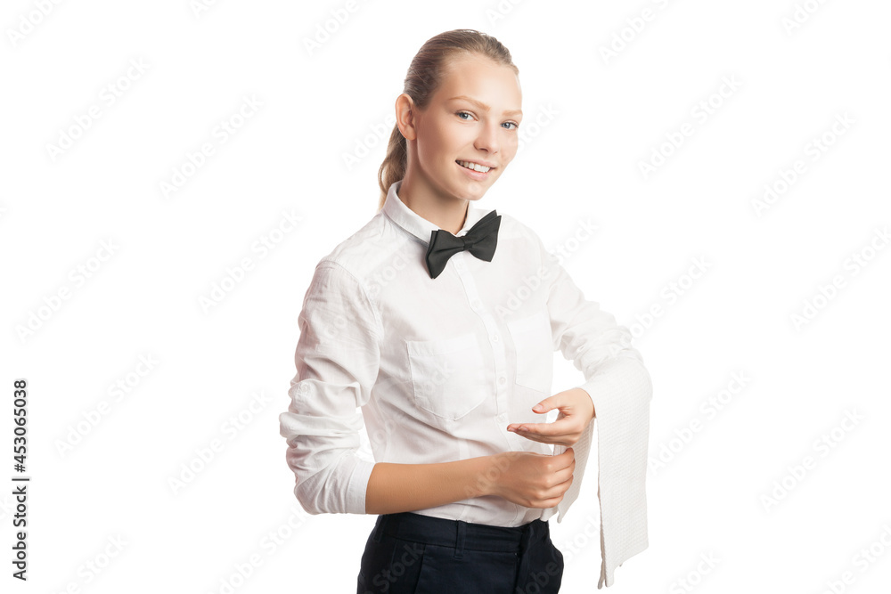 Portrait of smiling young waitress looking at camera while holding white towel on arm Portrait of smiling young waitress looking at camera while holding white towel on arm