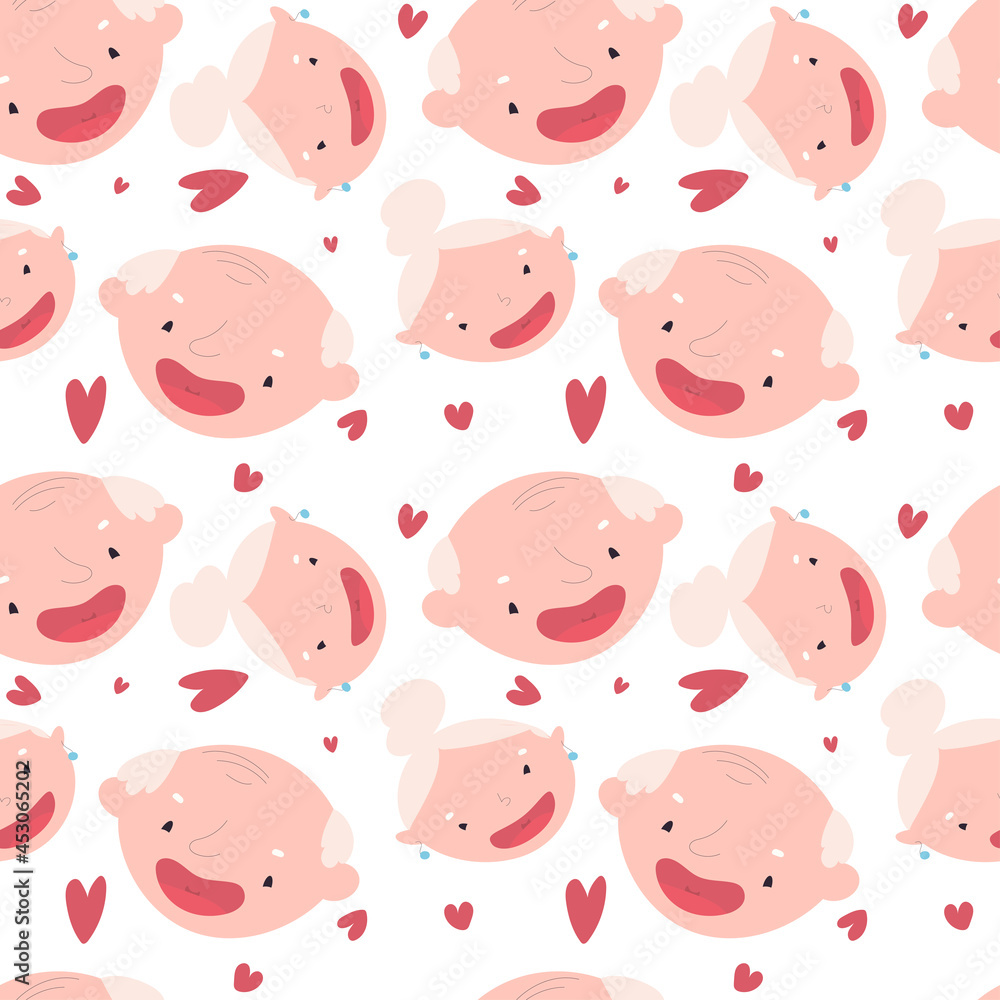 Seamless pattern with smiling faces of grandparents. Endless vector texture. National Grandparents Day. Laughing Grandma and Grandpa Seamless pattern with smiling faces of grandparents. Endless vector texture. National Grandparents Day. Laughing Grandma and Grandpa