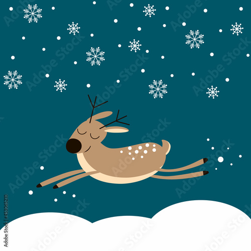 Cute deer rushing through the snow in the night.Vector drawing for print, postcards, posters, posters.