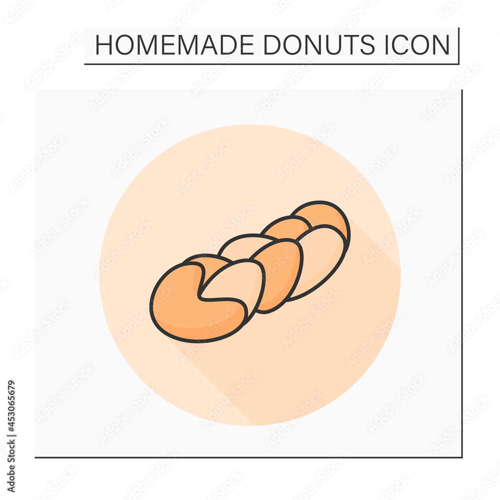 Twist donut color icon. Braid shape sugar-glazed cream-filled doughnut. Concept of Bavarian recipe pastry home baking and tasty unhealthy food.Isolated vector illustration Twist donut color icon. Braid shape sugar-glazed cream-filled doughnut. Concept of Bavarian recipe pastry home baking and tasty unhealthy food.Isolated vector illustration