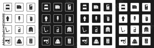 Set Please do not disturb, Ice cream, in waffle cone, Street stall with awning, Cocktail and alcohol drink, Rv Camping trailer, Rafting boat and Snorkel icon. Vector