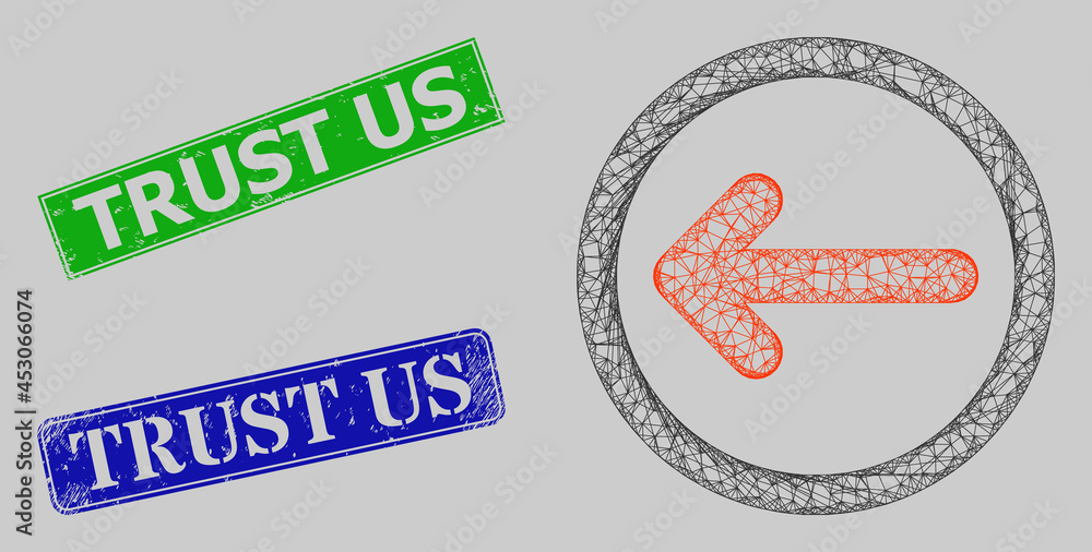 Carcass net rounded left arrow model, and Trust Us blue and green rectangular corroded stamp seals. Carcass net illustration is designed with rounded left arrow pictogram.