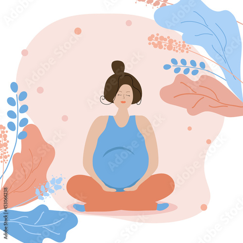 Happy pregnant woman in flowers. Pregnancy and motherhood. Carrying a baby. Flat illustration.