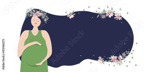 Happy pregnant woman with a wreath of flowers on her head and long hair. Place of text. Pregnancy and motherhood. Expectations of meeting with the child. Flat illustration.