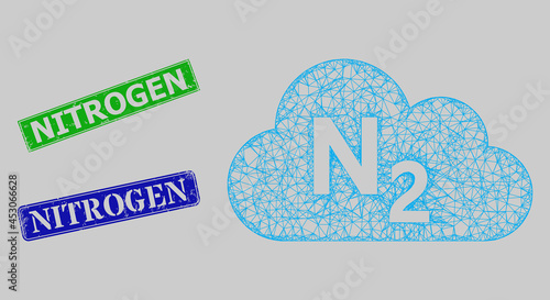 Wireframe crossing mesh nitrogen gas model, and Nitrogen blue and green rectangular scratched stamp seals. Frame net illustration is created from nitrogen gas icon.