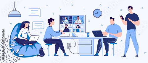 Freelance people work in comfortable conditions at home, coworking. Videoconference and online meeting, E-learning. Employment Concept. Vector. Flat cartoon style. Illustration.
