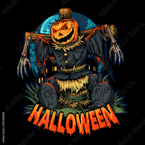 halloween pumpkin scarecrow in the middle of the cemetery halloween night