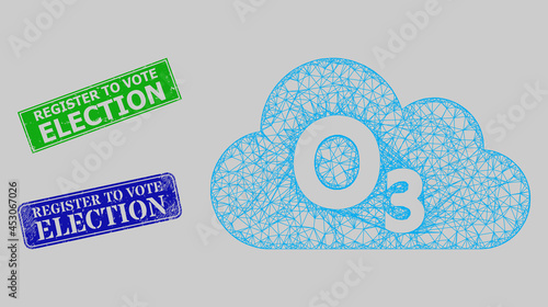 Carcass crossing mesh ozone gas model, and Register to Vote Election blue and green rectangle corroded stamp seals. Carcass network image is designed with ozone gas icon.