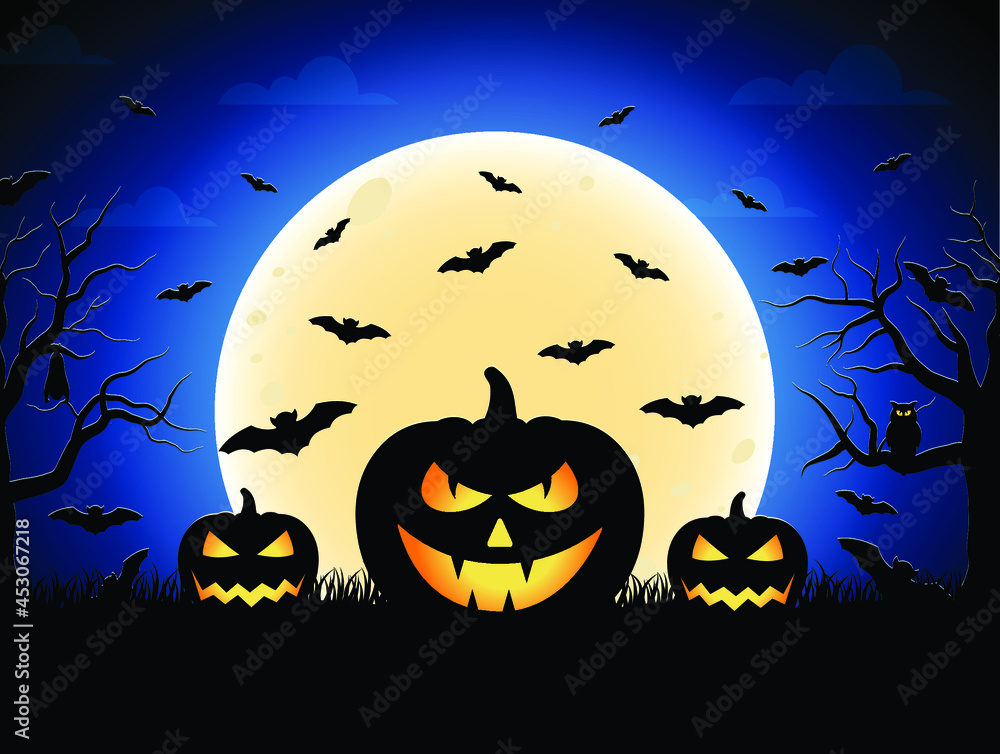 Halloween vector illustration. Happy Halloween banner background with bats, moon, cemetery and pumpkins. Creepy night background.