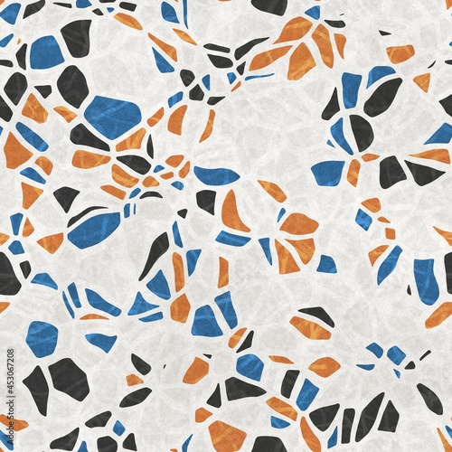 Seamless terrazzo pattern for surface design and print. High quality confetti illustration. Trendy rock and mineral composite mosaic composition in repeat. Textile print in light colors.