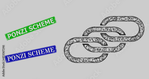 Carcass net chain links model, and Ponzi Scheme blue and green rectangle rubber seals. Frame net mesh illustration designed with chain links pictogram.