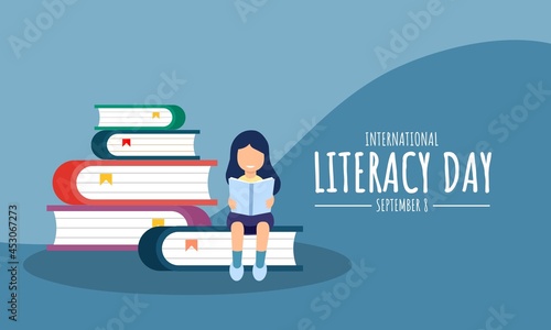 Vector illustration, little girl reading a book against a stack of books as a banner, poster or template, International Literacy Day.