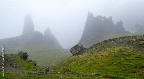 A misty and foggy day on the Isle of Skye at the Old Man of Storr in the Inner Hebdrides, Scotland