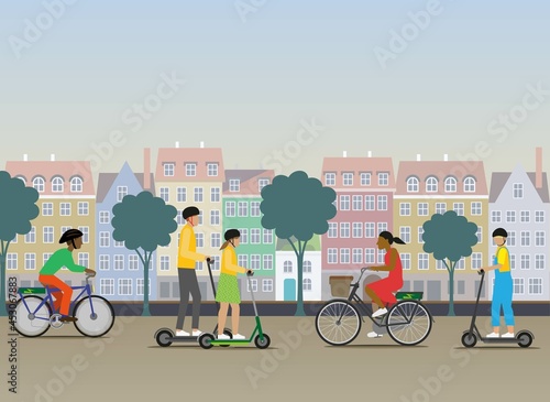 Electric bikes and scooters in a small town environment.