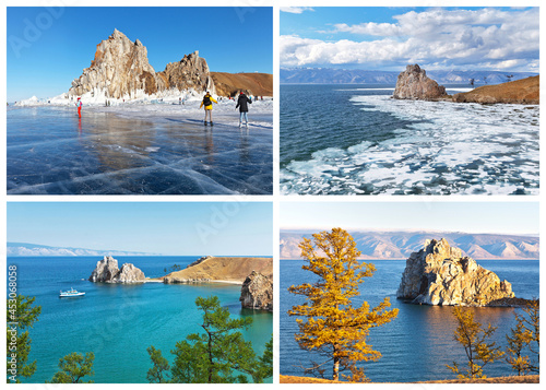 Baikal Lake during four seasons. The famous Shamanka Rock or Cape Bukhan in winter, spring, summer and autumn. The main tourist landmark on Olkhon Island. Collage, calendar photo