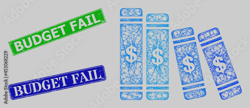 Wireframe crossing mesh accounting books model, and Budget Fail blue and green rectangle dirty stamp seals. Frame net mesh illustration created from accounting books pictogram.