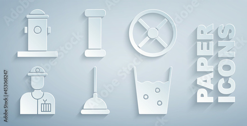 Set Rubber plunger, Industry valve, Plumber, Glass with water, metallic pipe and Fire hydrant icon. Vector