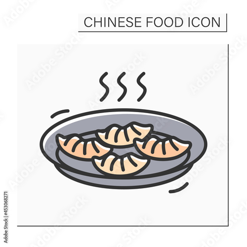 Dim sum color icon. Tasty steaming hot Chinese dimsum dumplings or baozi steamed buns plate. Concept of traditional Asian cuisine recipe and cookbook illustration. Isolated vector illustration