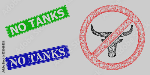 Carcass net mesh no beef model, and No Tanks blue and green rectangular grunge seal imitations. Frame net mesh illustration is created from no beef icon.