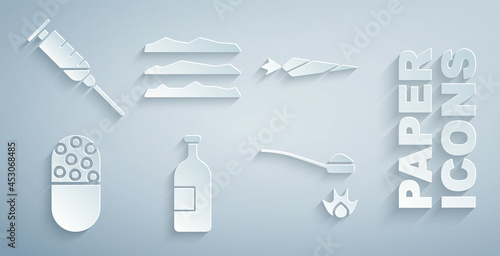 Set Alcohol drink bottle, Marijuana joint, Medicine pill or tablet, Heroin spoon, Cocaine heroin drug and Syringe icon. Vector