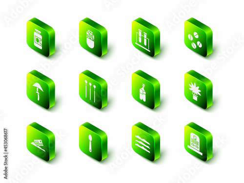 Set Medicine pill or tablet, Test tube and flask, Marijuana cannabis plant pot, Tombstone with RIP written, Bong for smoking marijuana, Cocaine heroin drug and Heroin spoon icon. Vector