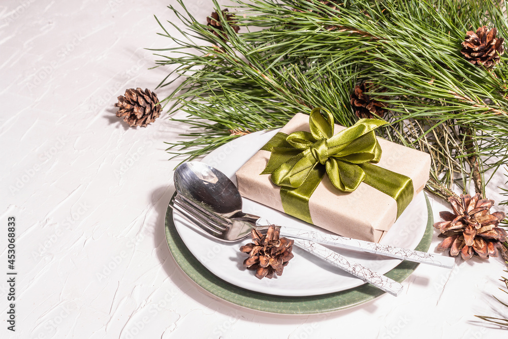 Christmas festive table setting. New Year zero waste gift concept Christmas festive table setting. New Year zero waste gift concept