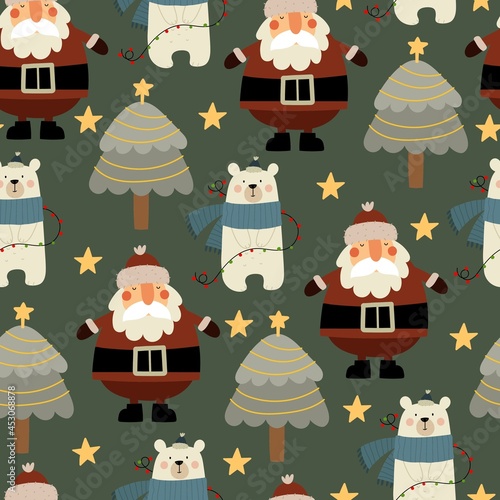 holiday Seamless pattern with cartoon polar bear  Santa Claus  trees  decor elements. colorful vector for kids  flat style. hand drawing. Baby design for fabric  textile  print  wrapper.