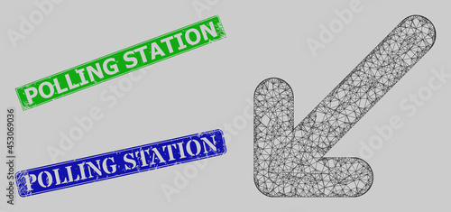 Wireframe network move down left model, and Polling Station blue and green rectangle dirty stamp seals. Frame network symbol is based on move down left icon.