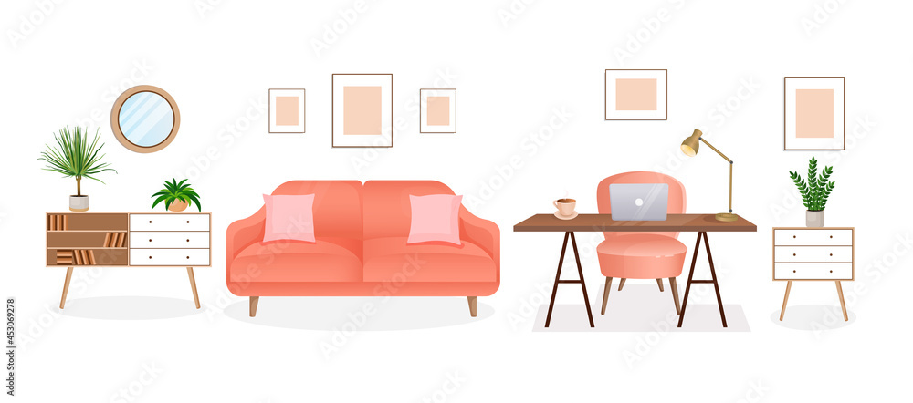 Design of a cozy room for working from home. Office with computer, workplace room, cabinet. Modern living room interior with furniture and house plants. Vector flat style illustration. Design of a cozy room for working from home. Office with computer, workplace room, cabinet. Modern living room interior with furniture and house plants. Vector flat style illustration.