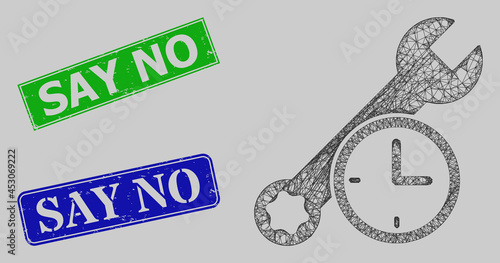 Carcass crossing mesh repair time model, and Say No blue and green rectangular textured stamp seals. Frame net mesh image is designed with repair time icon.