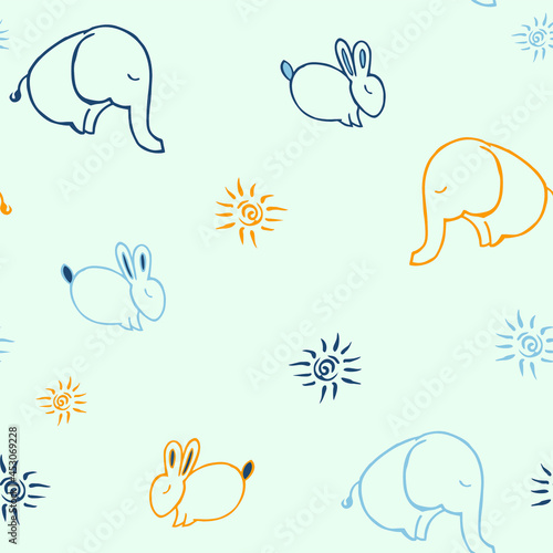 Seamless vector print with rabbit  elephant  stars. Vector  linear pattern with animals on a gentle blue background for packaging  gifts  clothes. Ideally fashionable texture for baby fabrics  textile