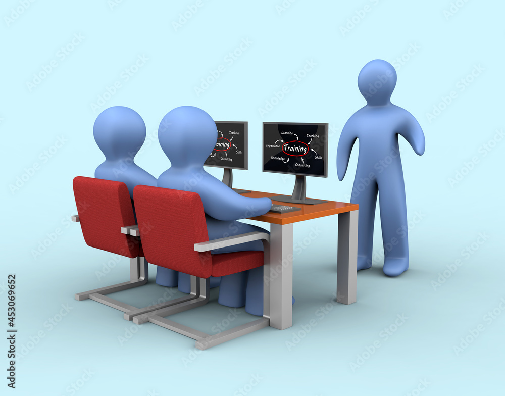 Coaching mentor training students in classroom with computers, learn marketing, business strategy and teamwork 3D render