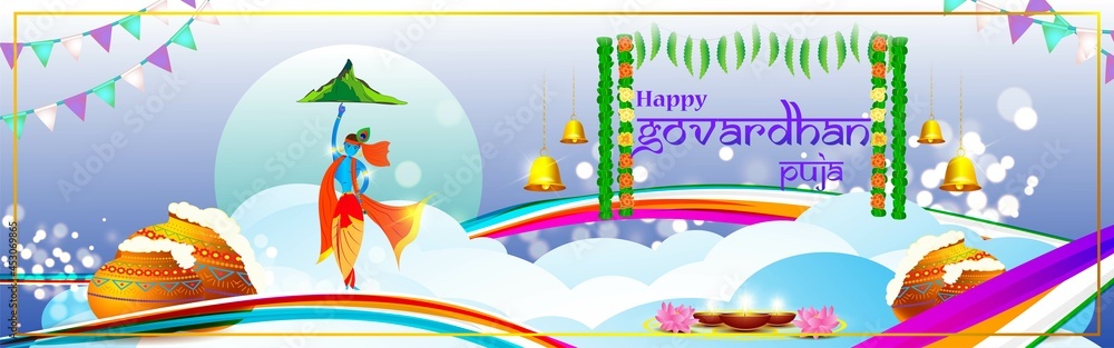 Illustration of greeting, banner for Govardhan Puja-Hindu festival written text means 'Heartiest greetings of Govardhan puja