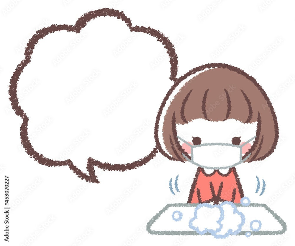 マスクをして手を洗う女の子と線画フキダシ