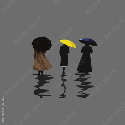 three people with umbrellas in the rain