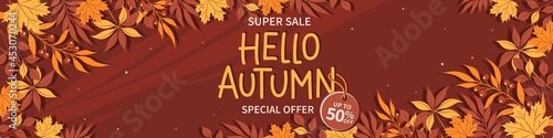 Hello autumn sale horizontal banner with leaves. Bright poster, flyer with invitation for shopping, template offer of discounts deals. Vector Illustration