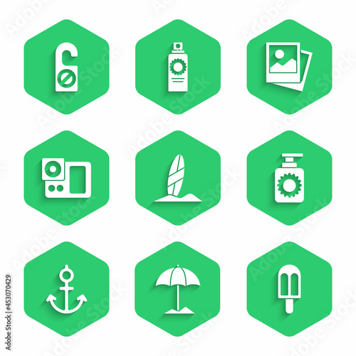 Set Surfboard, Sun protective umbrella for beach, Ice cream, Sunscreen spray bottle, Anchor, Photo camera, and Please do not disturb icon. Vector