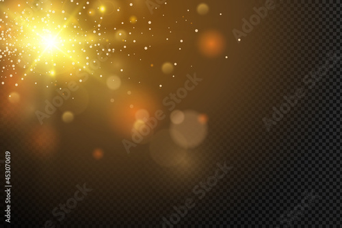 Golden particles. Glowing yellow bokeh circles abstract gold luxury background.
