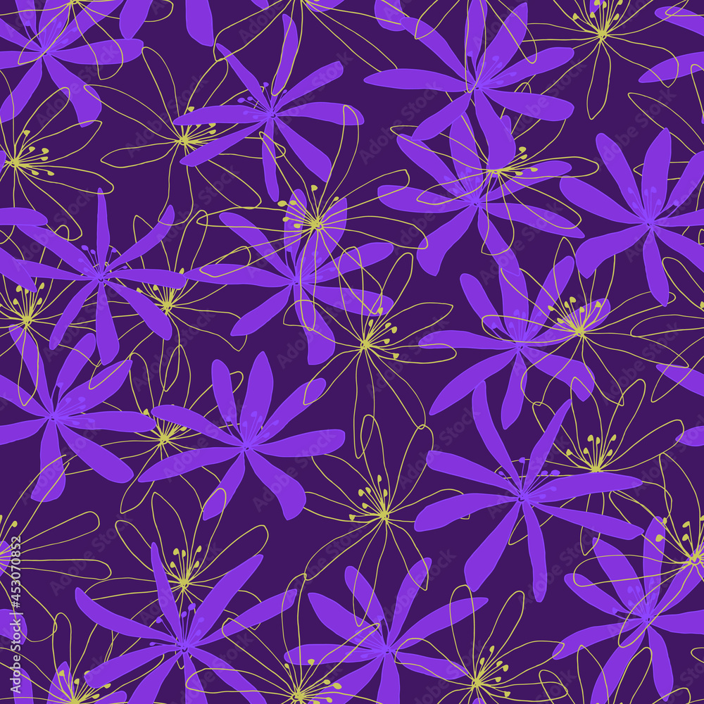 Vector seamless pattern of wildflowers, daisies, clematis. Hand-drawn. Botanical pattern on purple background. Design for posters, postcards, textiles, fabrics, prints, decor, paper, packaging.