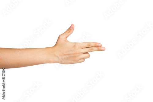 Close up of gun hand gesture isolated with white background. Pointing hand.