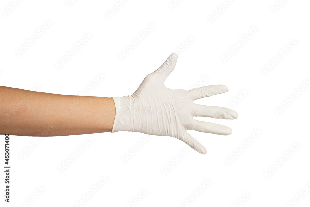 Close up of open hand wearing white rubber gloves isolated with white background. Close up of open hand wearing white rubber gloves isolated with white background.