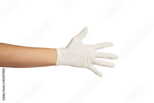 Close up of open hand wearing white rubber gloves isolated with white background. © White Background Guy