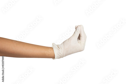 Close up of Italian hand gesture wearing white rubber gloves isolated with white background.