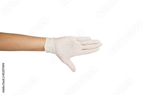 Close up of open hand wearing white rubber gloves isolated with white background.