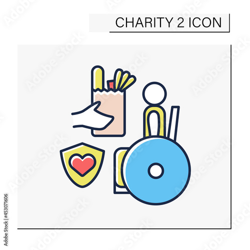 Disabled charities color icon.Organization collects money, food to help people with diseases. Care and support. Charity concept. Isolated vector illustration