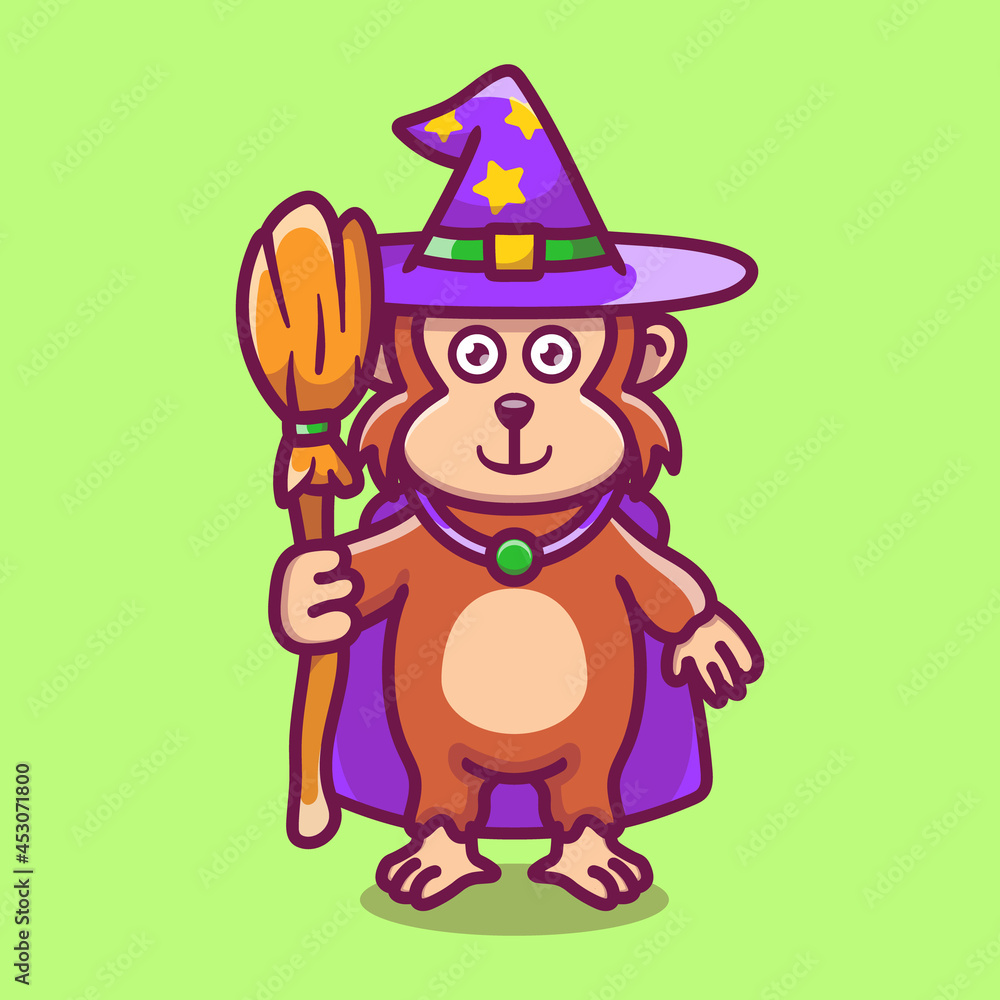 cute monkey carrying flying broom Stock Vector Adobe Stock