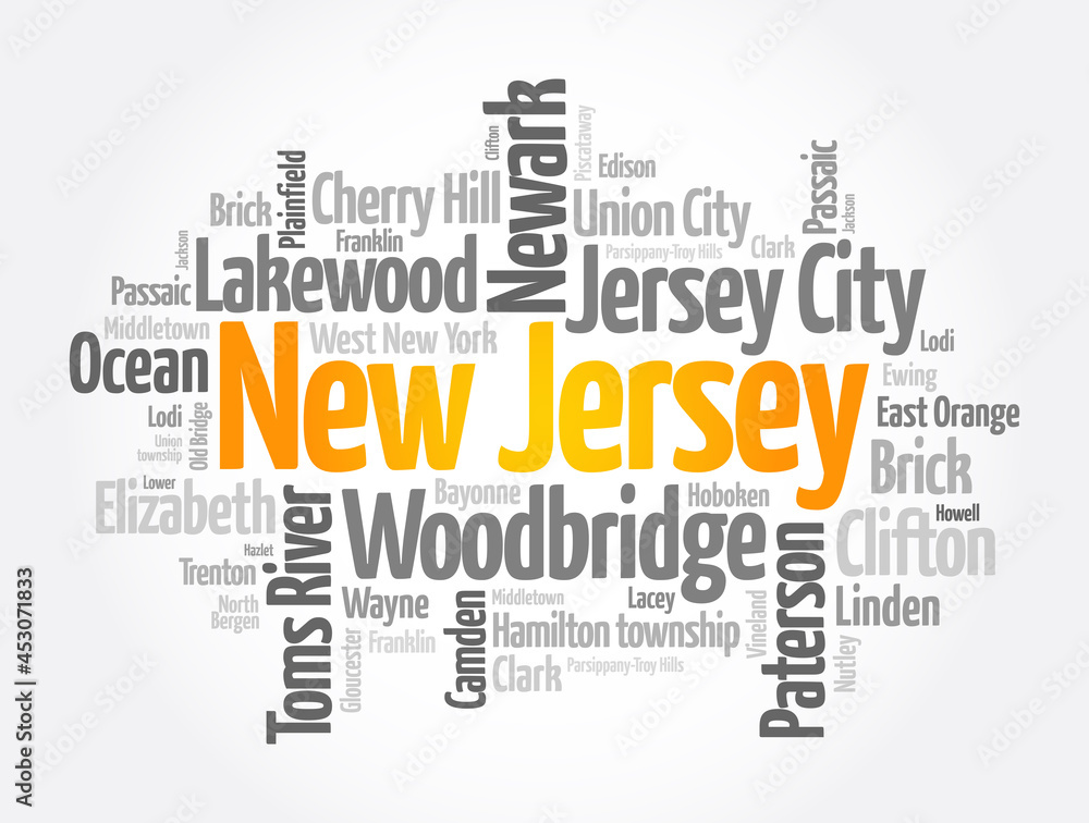 List of cities in New Jersey USA state, word cloud concept background List of cities in New Jersey USA state, word cloud concept background