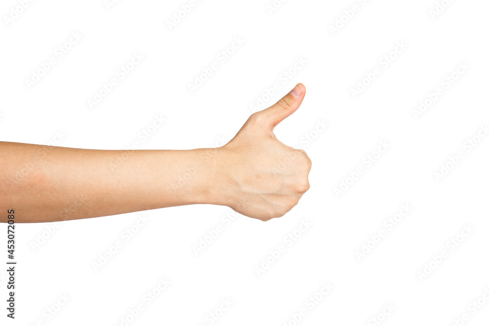Close up of thumbs up hand gesture isolated with white background. Good hand sign. Close up of thumbs up hand gesture isolated with white background. Good hand sign.